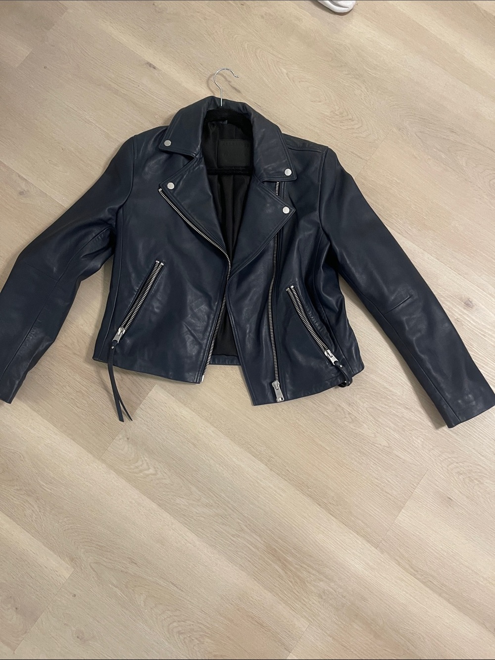 All Saints Dalby Navy Blue Leather Moto Jacket - Picture 3 of 11